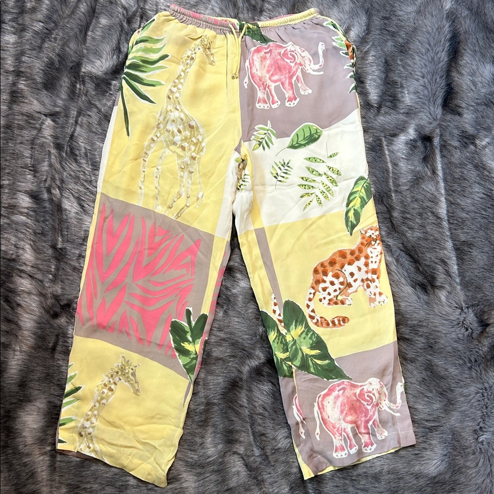 C.A. Sport 100% Silk Safari Jungle Print Pull On Pants Fully Lined Size Small